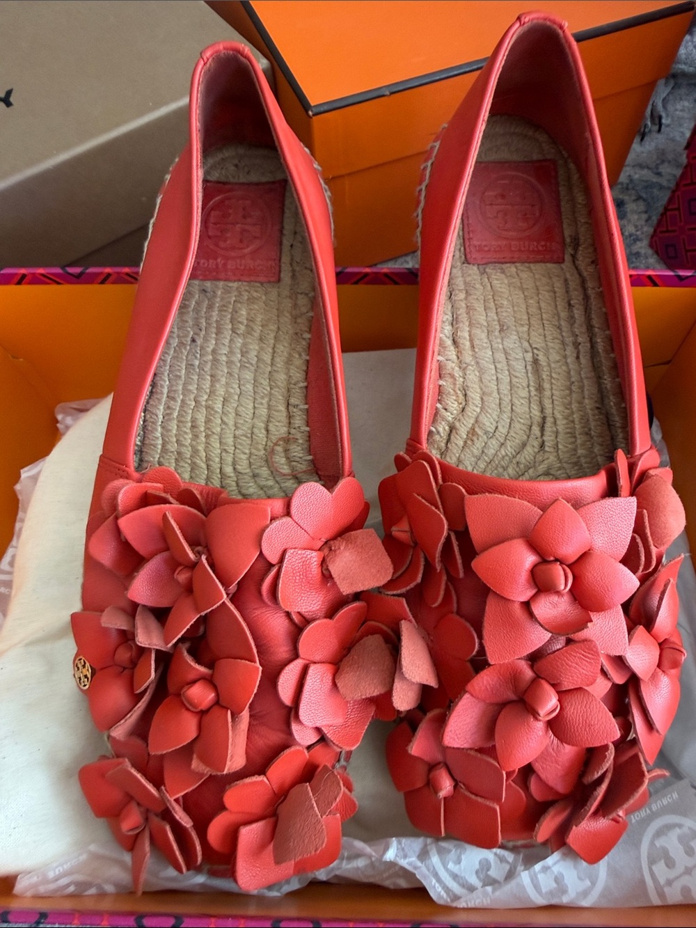 Tory Burch Coral Red Floral Appliqué Espadrille Flats